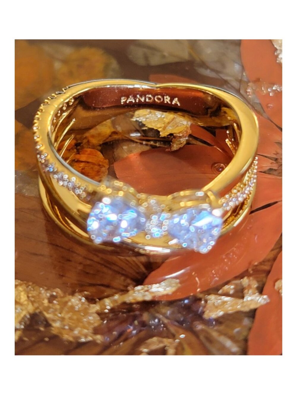 Pandora Sparkling Bow & Crossover Band Ring 14K Gold Plated Size 7 - Picture 3 of 9